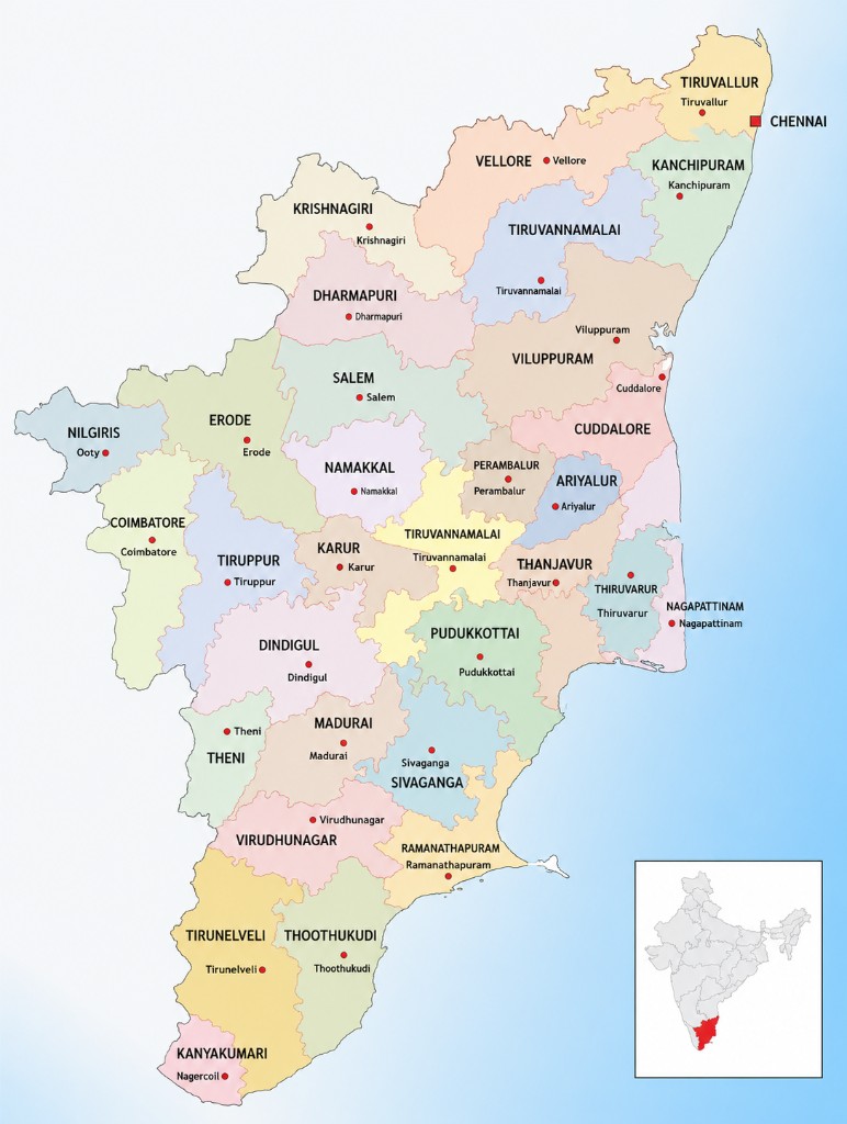 Tamil Nadu district map showing QuickCabz cab service coverage across the state